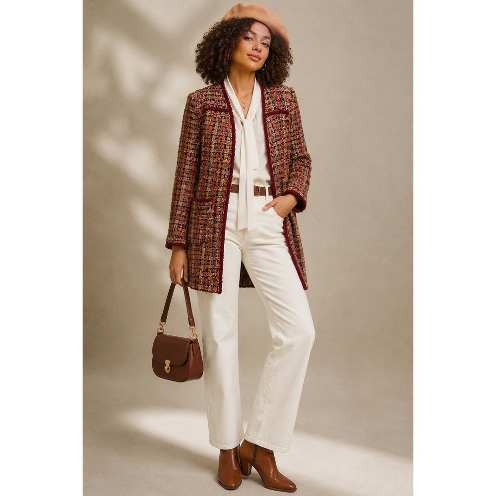 Anthropologie Ett:twa S Tweed Boucle Jacket Penny Lane Fringe Wool Blend